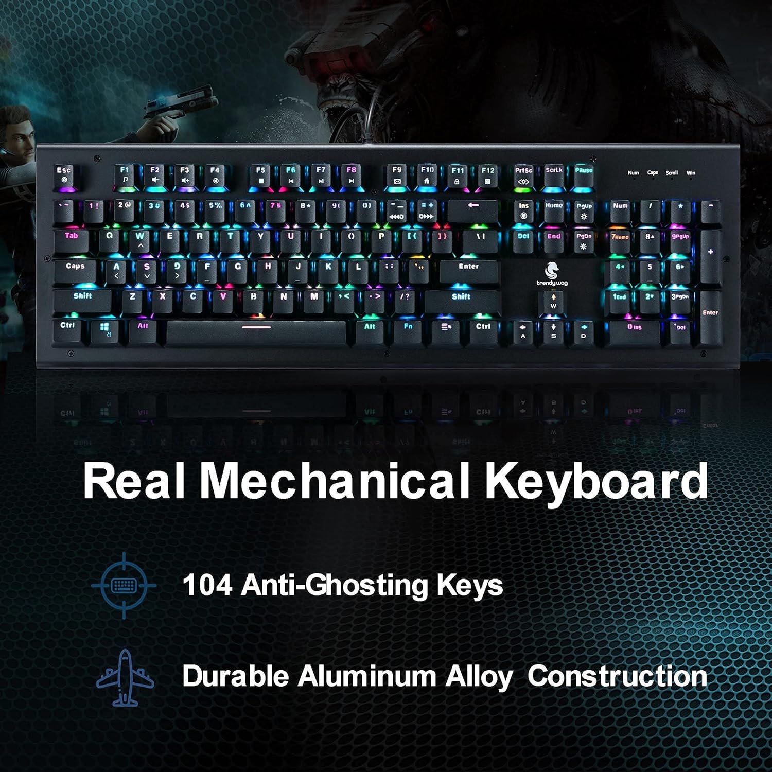 Trendy Wag Keyboard Mechanical Gaming Full Size Wired RGB Blue Swtiches