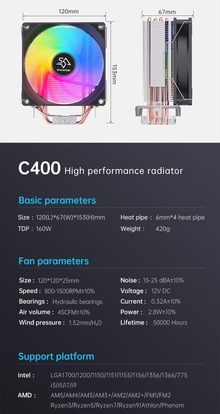 Snowman Air Cooler C400 4 Heat Pipes Cooler ARGB PWM Fan