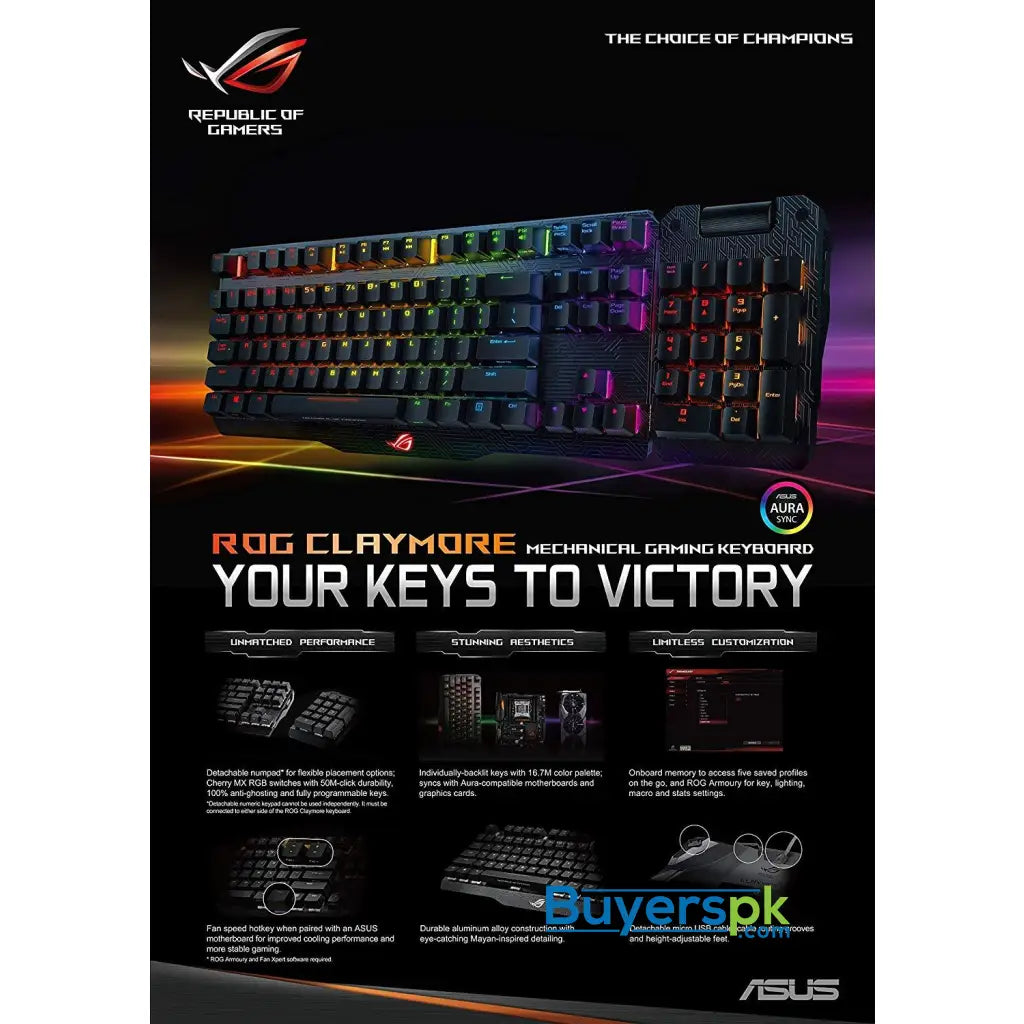 Asus Rog Claymore Aura Sync Mechanical Gaming Keyboard Cherry MX Red Switches - Keyboard