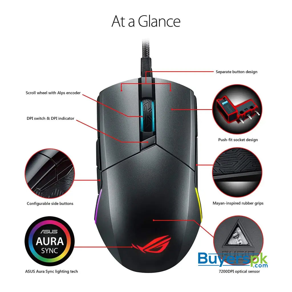 ASUS ROG Pugio Gaming Mouse Aura RGB USB Wired Optical Ergonomic Ambidextrous Gaming Mouse - Mouse