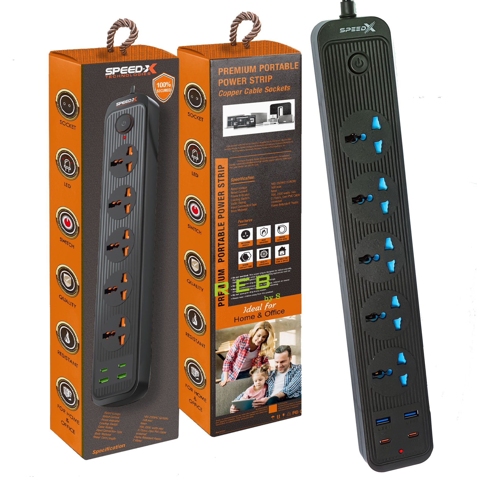 504pu Speed X Premium Portable Power Strip 5 socket + 2usb Port +2 TYPE C USB CABEL LENGTH 2M
