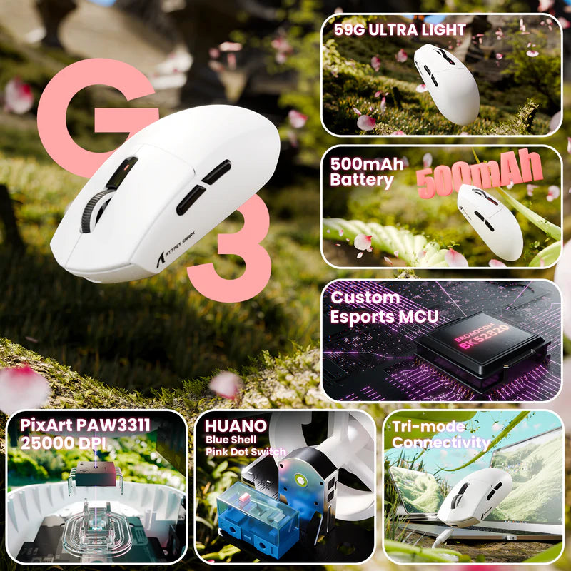 ATTACK SHARK Mouse G3 Tri-mode Wireless Gaming 25000 DPI Ultra Lightweight - White
