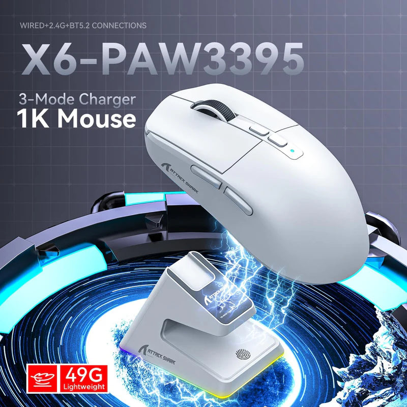 ATTACK SHARK Mouse X6 Three Modes Gaming With Charging Dock - White
