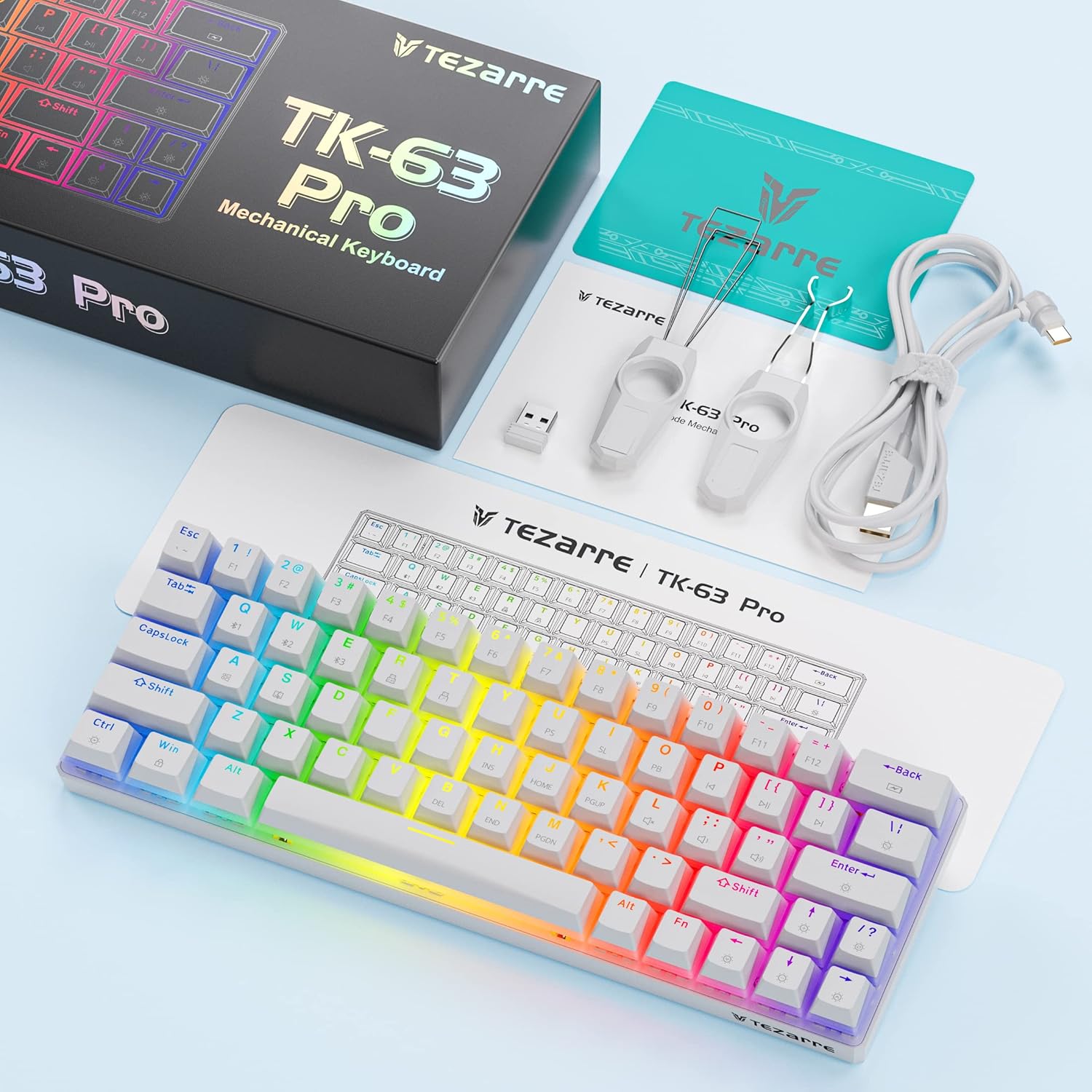 Tezarre Keyboard TK-63 Pro Mechanical Keyboard Tri-mode 60% White