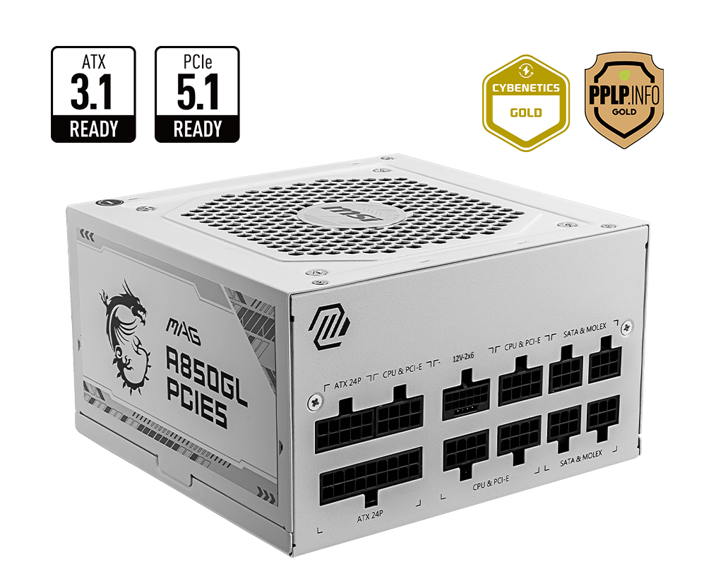MSI Power Supply Mag A850GL PCIE 5 White 80 Plus Gold fully Modular