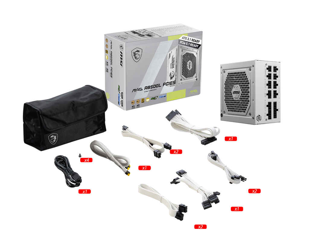 MSI Power Supply Mag A850GL PCIE 5 White 80 Plus Gold fully Modular