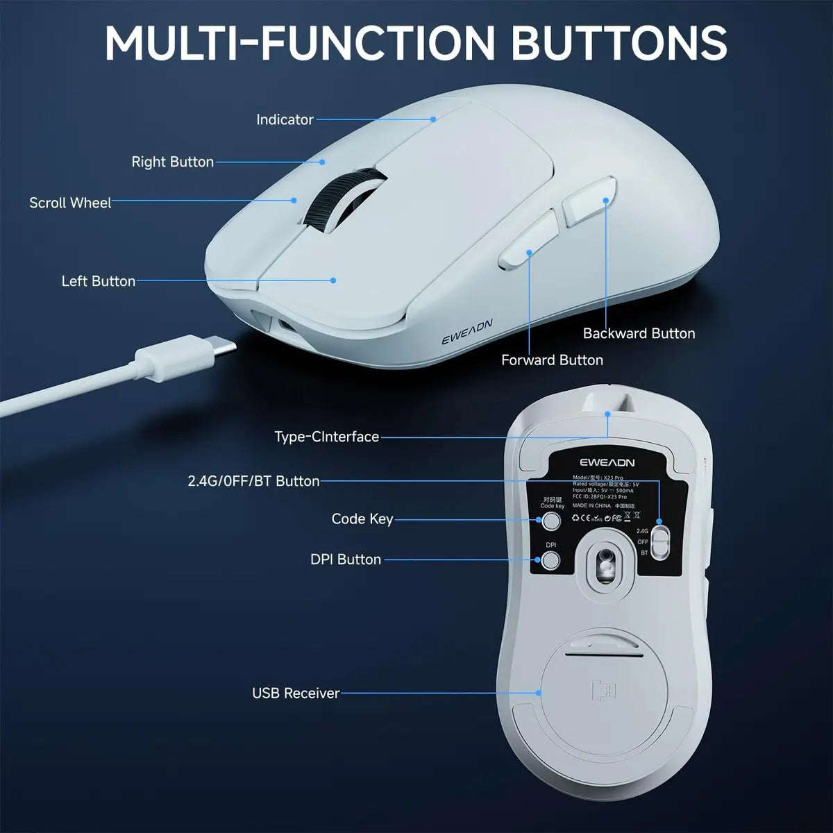 Eweadn Mouse X23 Pro Tri mode 12000 DPI rechargeable White