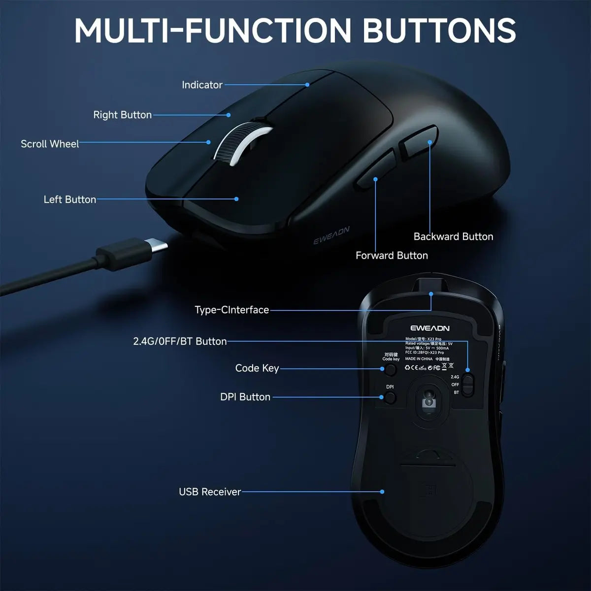 Eweadn Mouse X23 Pro Tri mode 12000 DPI rechargeable Black