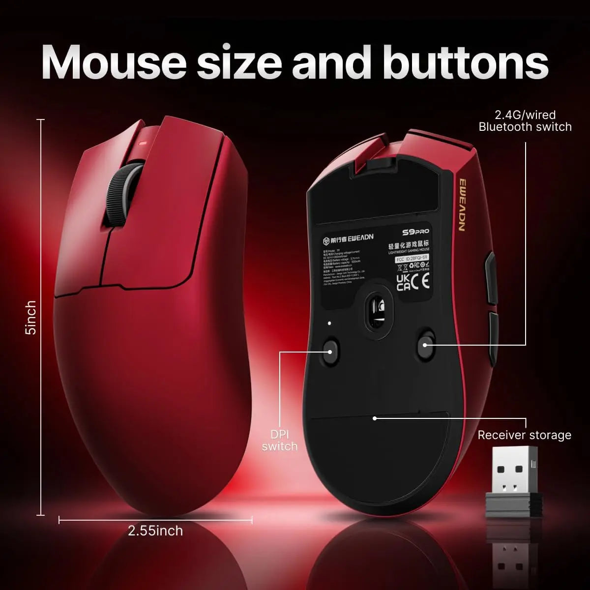 Eweadn Mouse S9 Pro Tri mode 8K Polling Rate 26000 DPI rechargeable Red