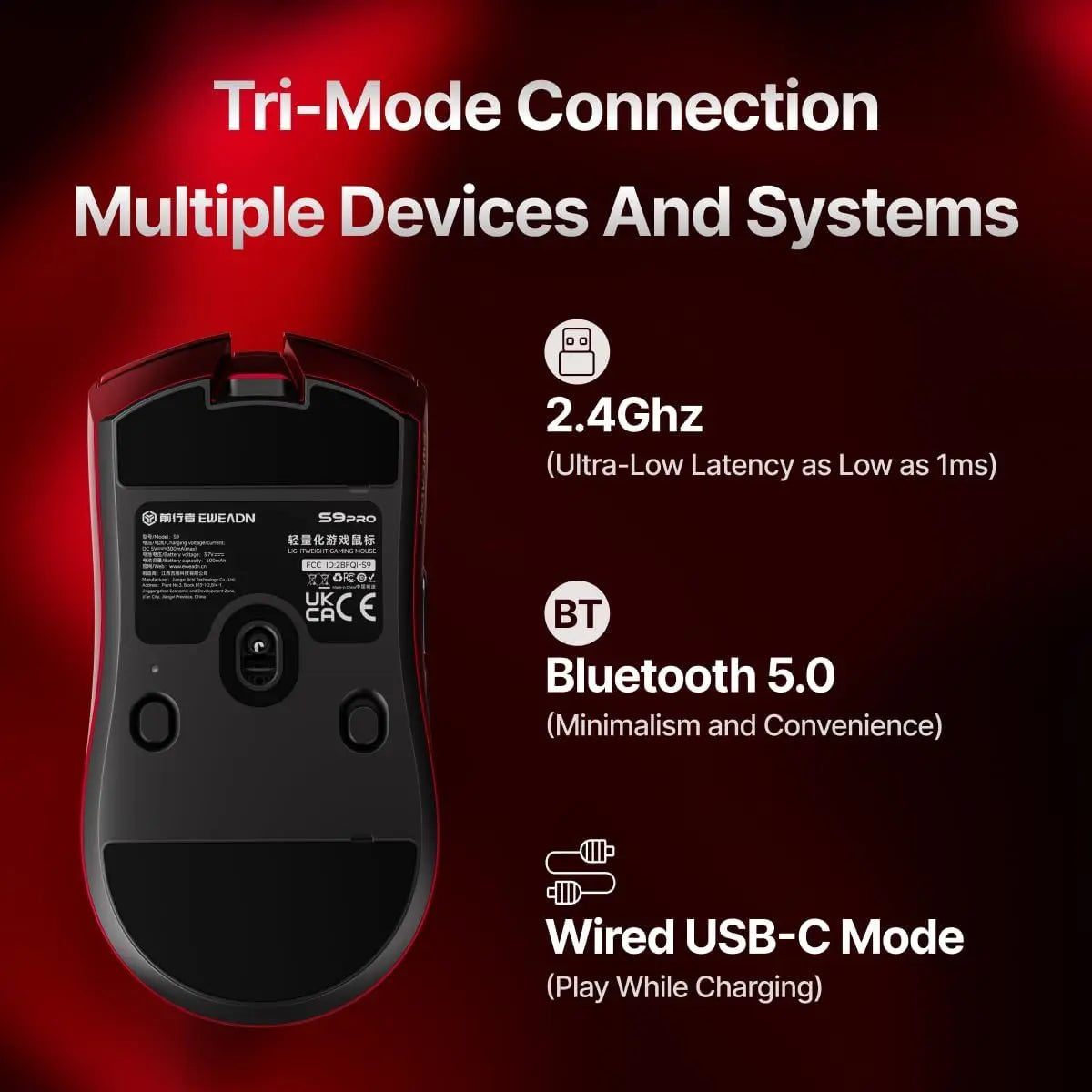 Eweadn Mouse S9 Pro Tri mode 8K Polling Rate 26000 DPI rechargeable Red