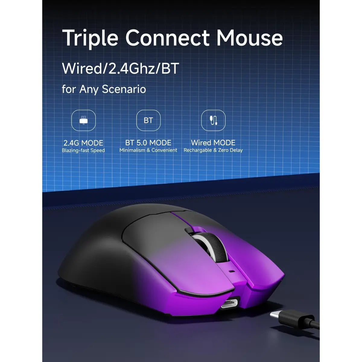 Eweadn Mouse S9 Pro Tri mode 8K Polling Rate 26000 DPI rechargeable Purple