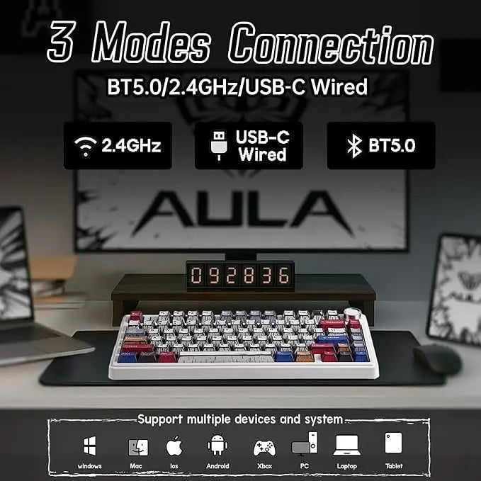 Aula Keyboard F75 Comic Tri mode Mechanical  keyboard RGB Backlit Hot Swappable