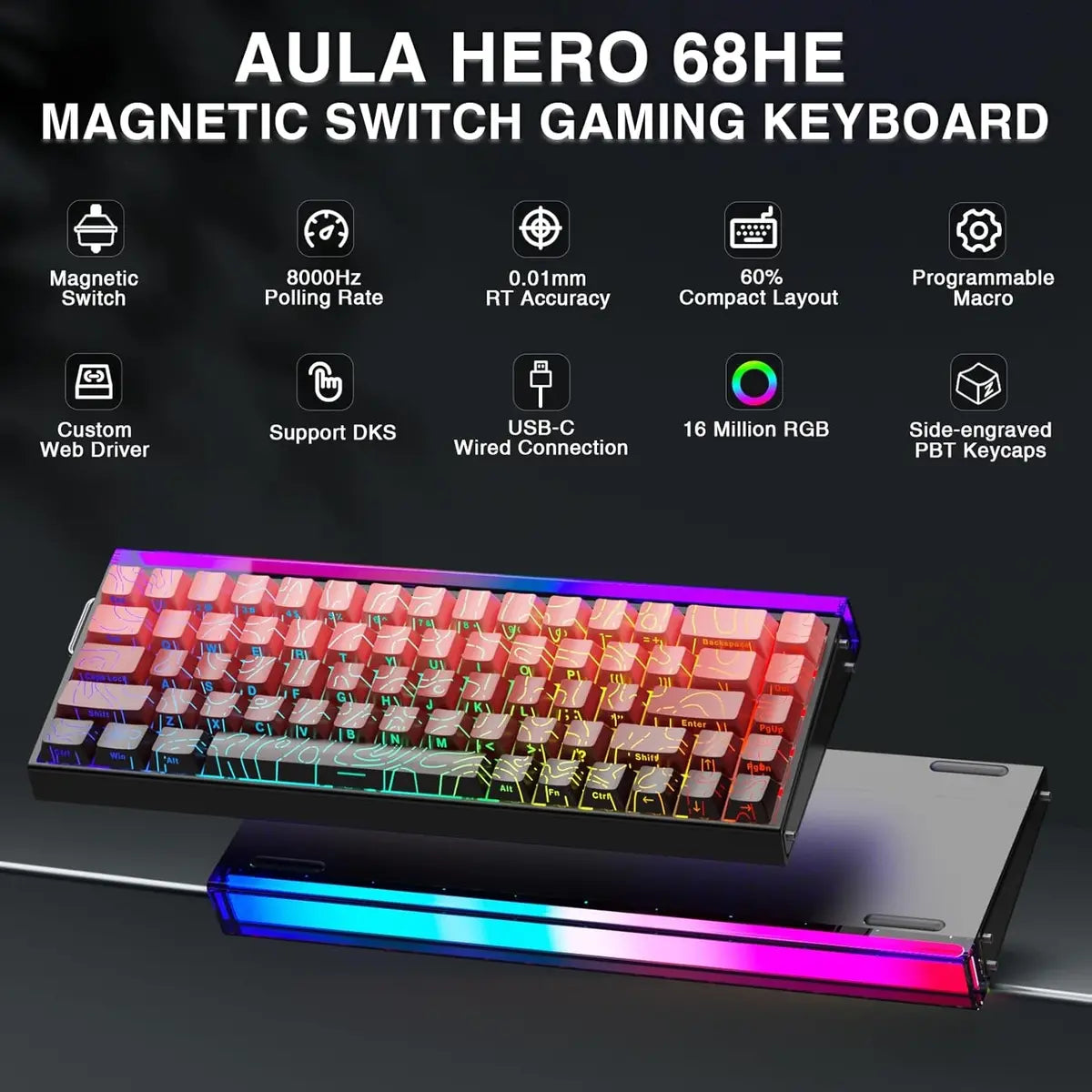 Aula Keyboard 68 HE Hero Magnetic RGB Backlit Hot Swappable 8K Hz Polling Rate