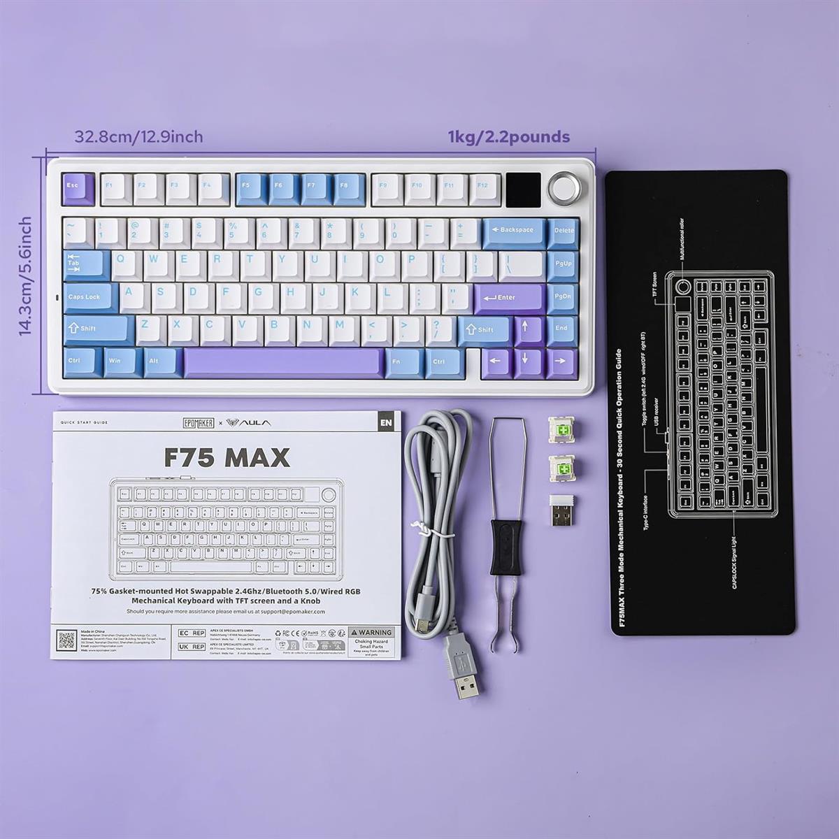 Aula Keyboard F75 Max Tri mode RGB Backlit Hot Swappable White Blue Purple
