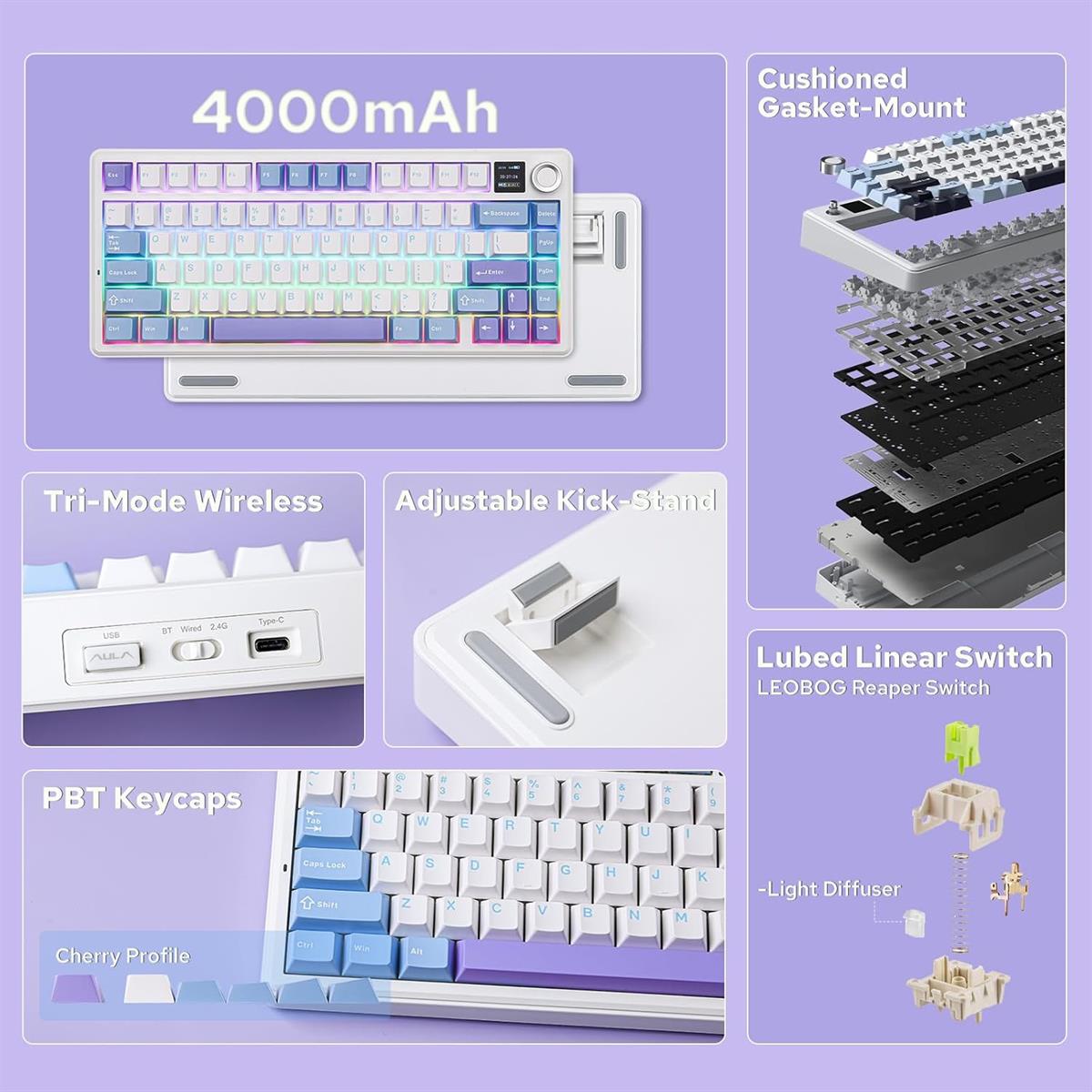 Aula Keyboard F75 Max Tri mode RGB Backlit Hot Swappable White Blue Purple