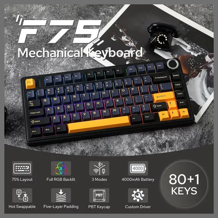 Aula Keyboard F75 Max Tri mode RGB Backlit Hot Swappable Black Dark Blue Orange