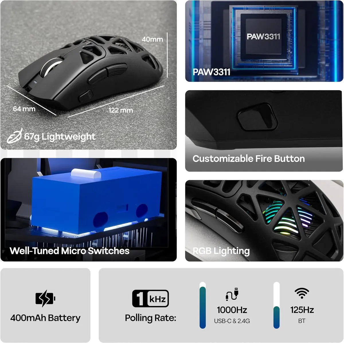 Aula Mouse SC620 Tri-mode Gaming Mouse 12000 DPI 1000 Hz Polling Rate Black