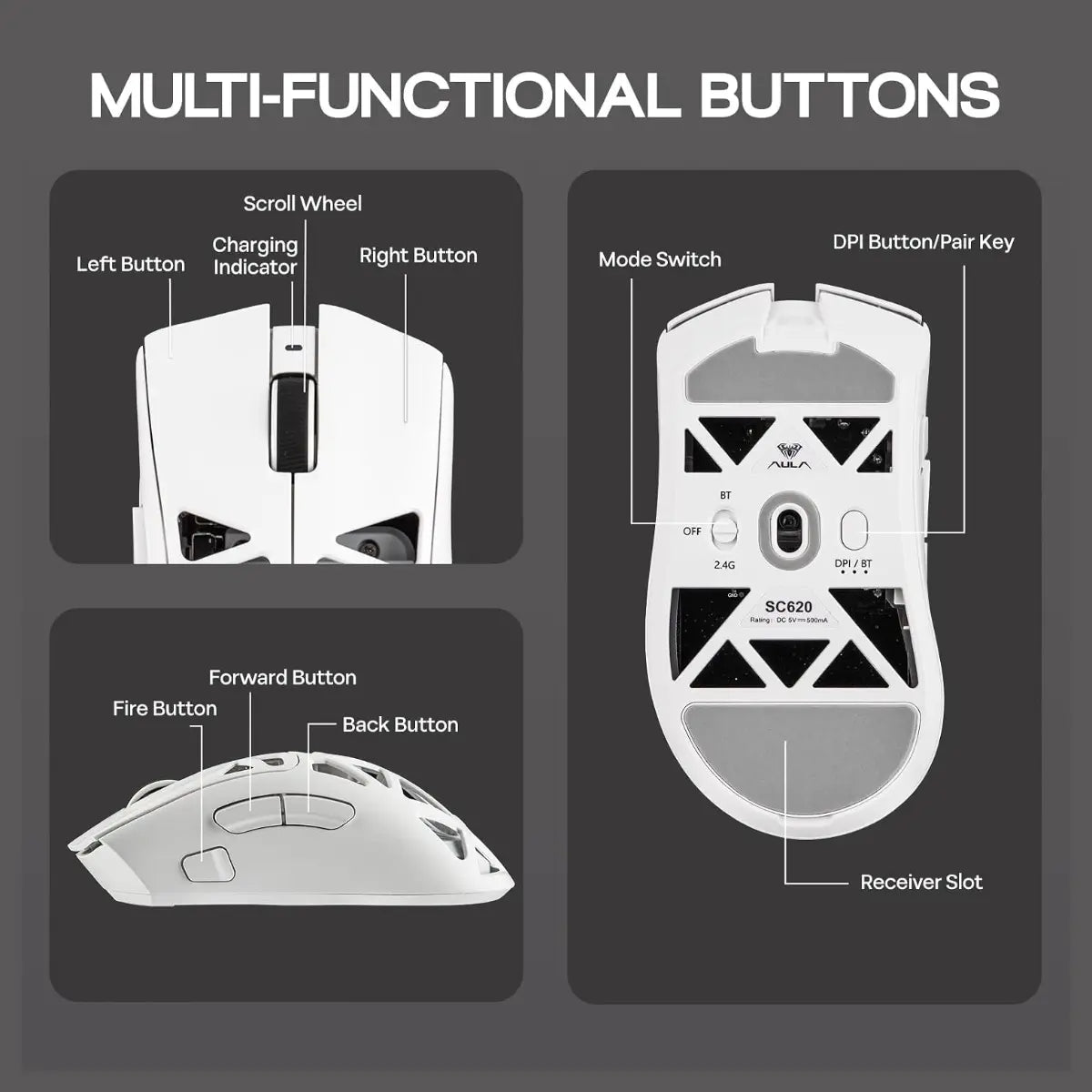 Aula Mouse SC620 Tri-mode Gaming Mouse 12000 DPI 1000 Hz Polling Rate White