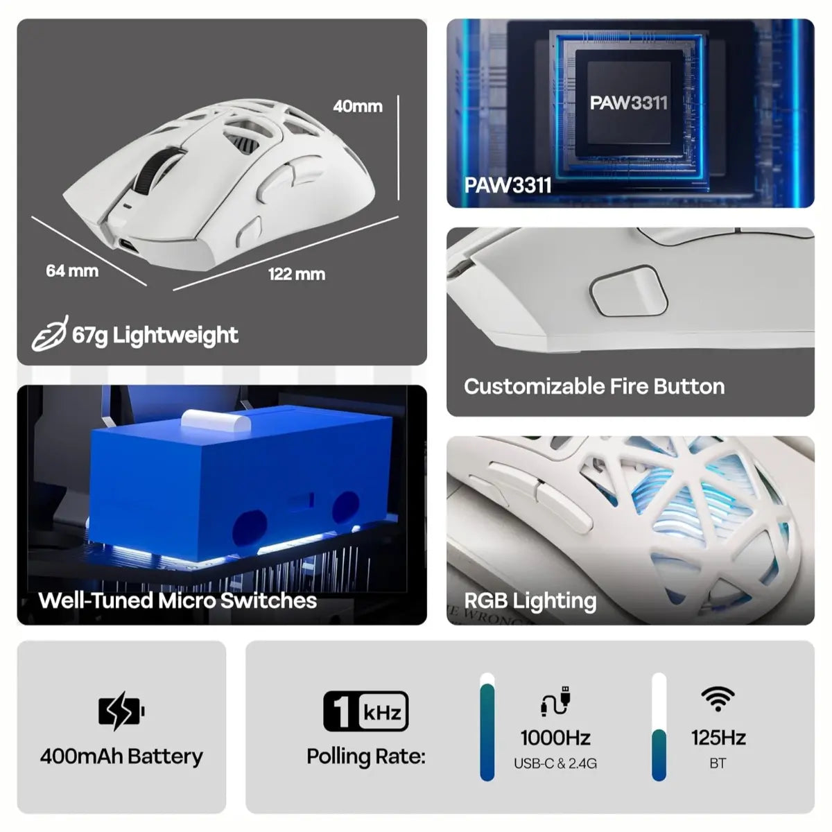 Aula Mouse SC620 Tri-mode Gaming Mouse 12000 DPI 1000 Hz Polling Rate White