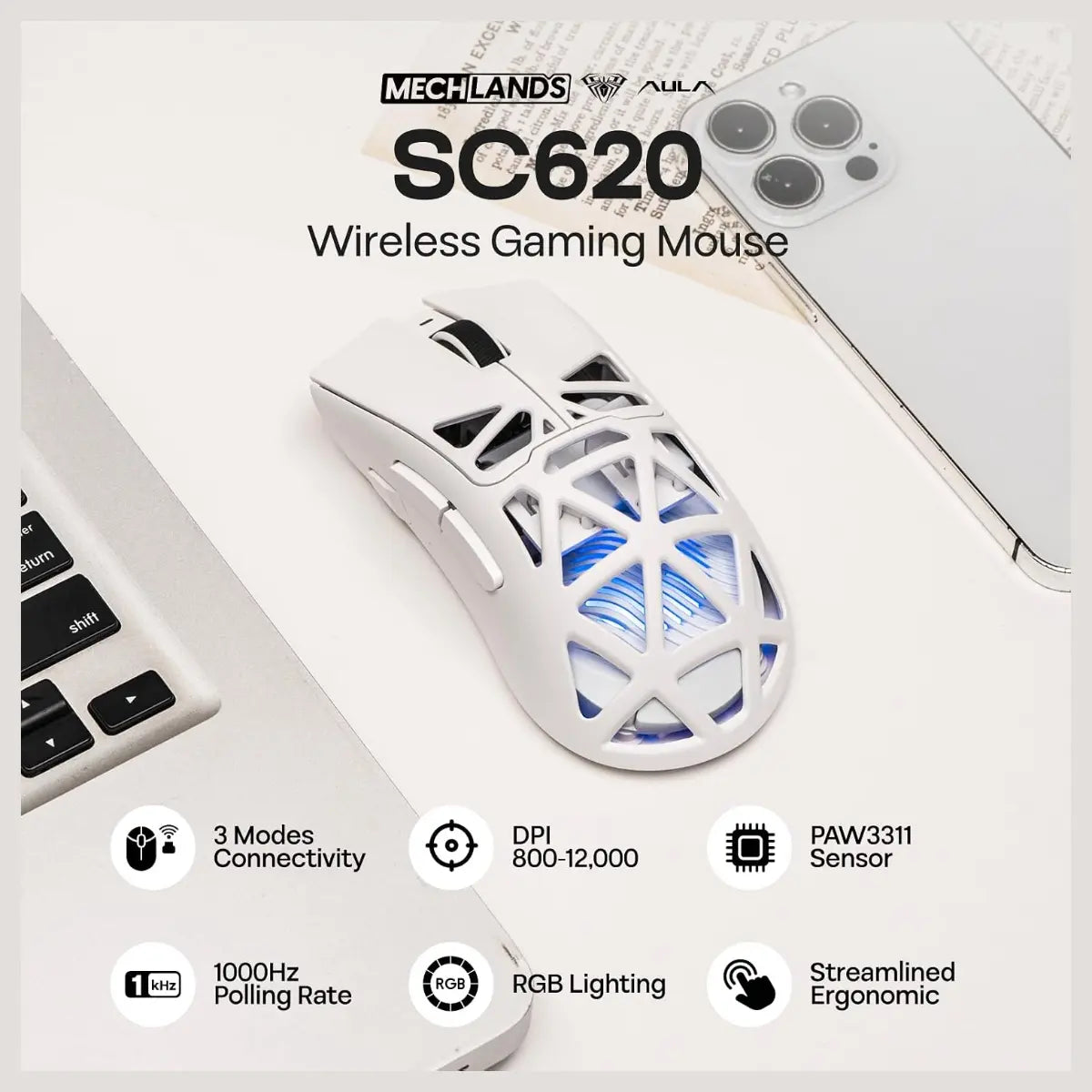 Aula Mouse SC620 Tri-mode Gaming Mouse 12000 DPI 1000 Hz Polling Rate White