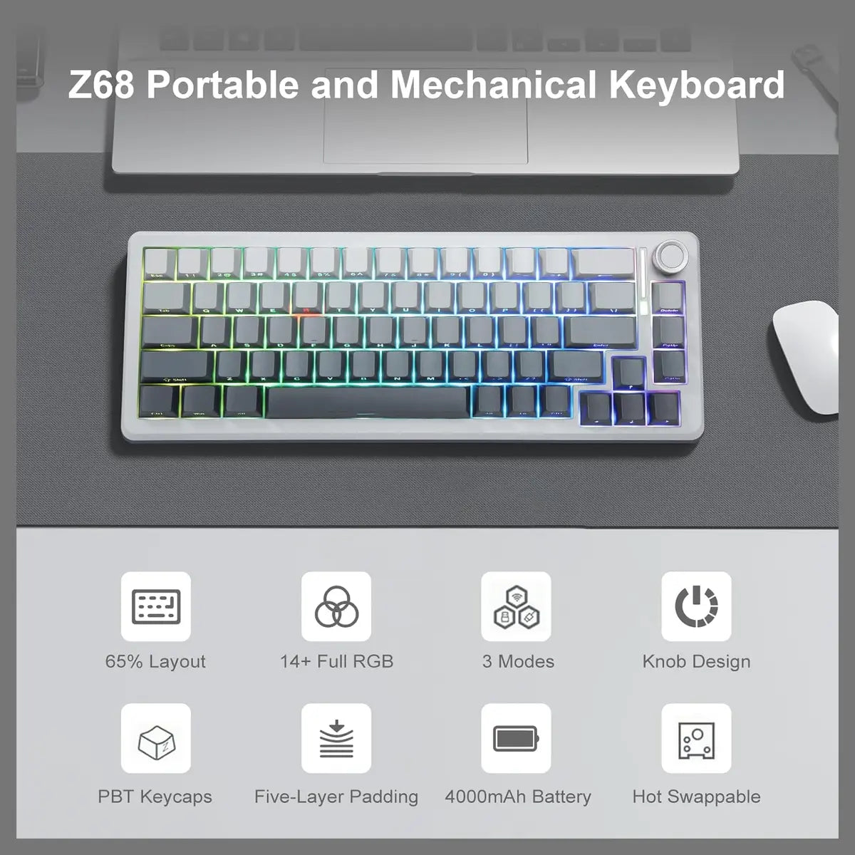 E-Yoosa Keyboard Z-68 Tri-mode Silverwood Switch Gradient Gray