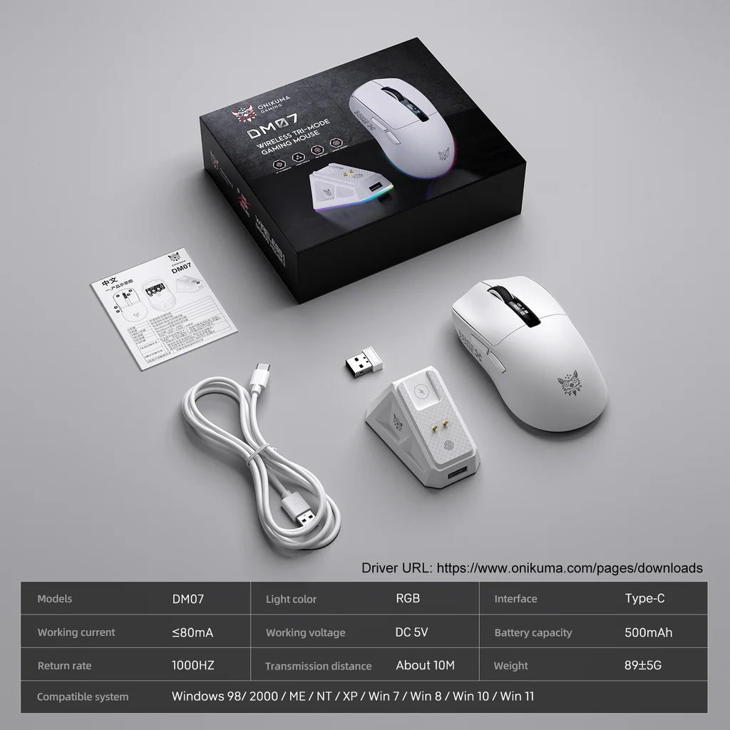 Onikuma Mouse DM07 PAW 3311 24000 DPI 1K Polling Rate RGB With Charging Dock White