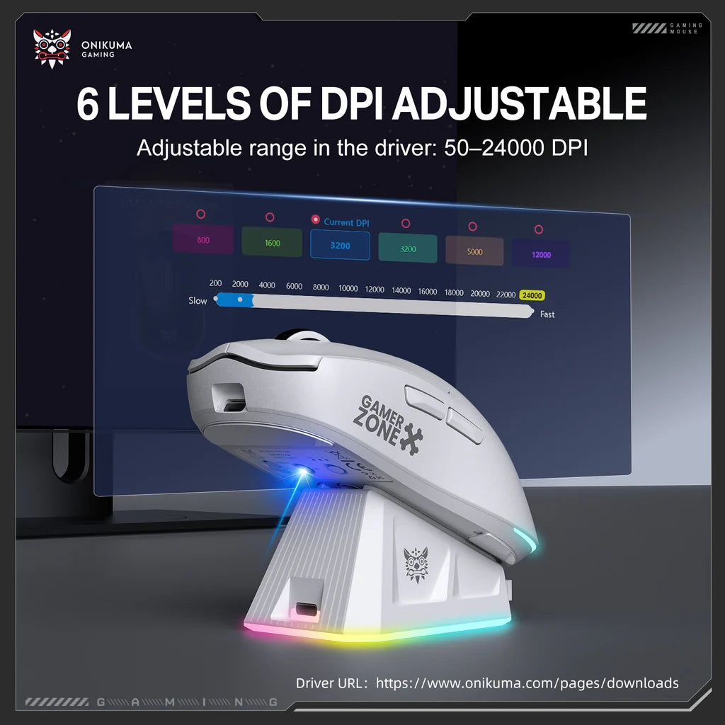 Onikuma Mouse DM07 PAW 3311 24000 DPI 1K Polling Rate RGB With Charging Dock White