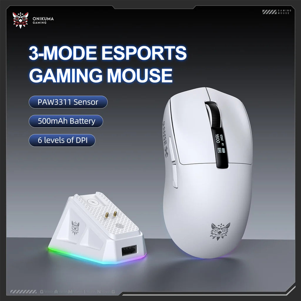 Onikuma Mouse DM07 PAW 3311 24000 DPI 1K Polling Rate RGB With Charging Dock White