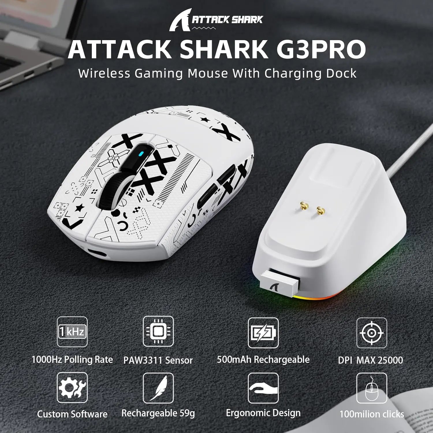 Attack Shark Mouse G3 Pro Tri-mode RGB charging Dock 2.4G/USB-C Wired/BT 25K DPI