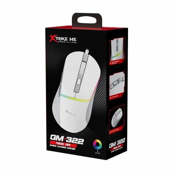 Xtrike Me Mouse Gm-322 Wired Gaming 7200 Dpi Rgb Backlight Ergonomic Design White