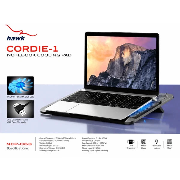 Hawk Cooling Pad Cordie-1 NCP-063  14-Inch Laptop with Metal Mesh & USB Powered Fan